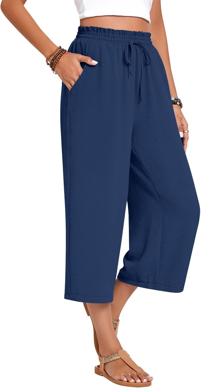 Anyhold Women's Capri Pants Drawstring Casual Palazzo Trousers with Pockets Loose High Waisted Wide Leg Lounge Pants - Image 2