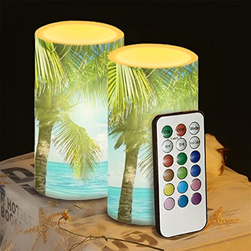 Advocator Flameless Candles Remote Controlled,Real Wax Battery Operated Pillar,Print Beach Palm Tree,Flickering Tea Light 2 Pack Pillar Candle With Warm Yellow Home Decor #TOP4