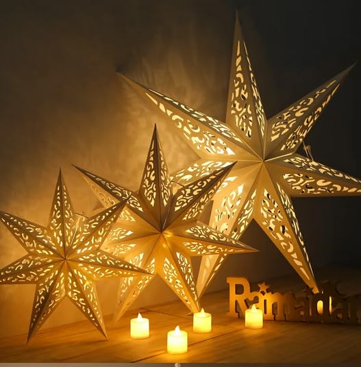 Confezione da 3 lanterne di carta a forma di stella, fuochi d'artificio, luci a forma di stella, decorazione da appendere per interni ed esterni, per matrimoni, feste di Natale (bianco, 75 cm)