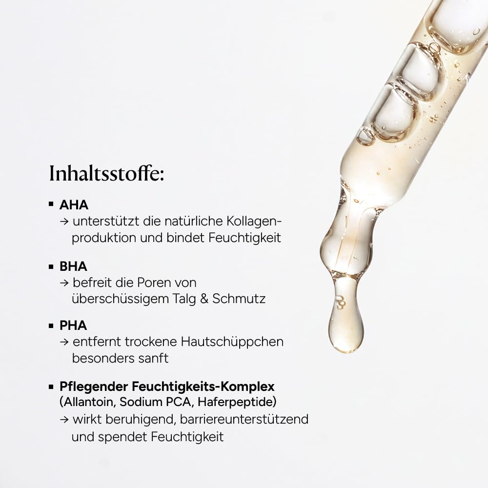 JUNGLÜCK Smoothing Peeling Serum – AHA 6,5%, BHA 2% & PHA 1,5% Gesichtspeeling mit 3-fach Säure-Komplex, für verfeinerte Poren & glatte, strahlende Haut, gegen Mitesser & Unreinheiten, 30ml