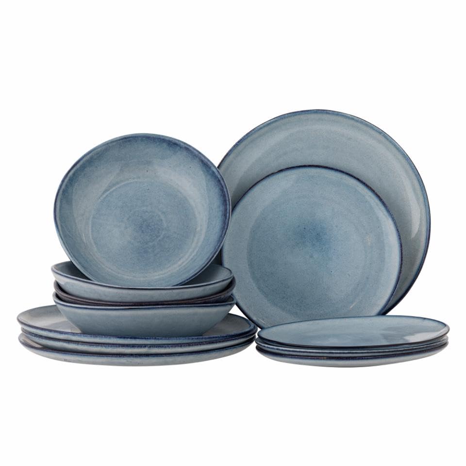 Bloomingville Sandrine Geschirr Set 12-teilig aus Stoneware, blau – Teller & Schalen, skandinavisch – 82068305