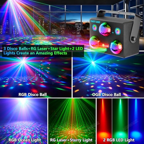 Image of Disco Ball Party Lights,Pro 6 in 1 Disco Lights Sound Activated Dj Strobe with RGB&OGB Disco Balls,Laser Light Show,Ocean Lamp,Star Projector,2 RGB LEDs-Perfect for Disco Glow Party Rave Dance