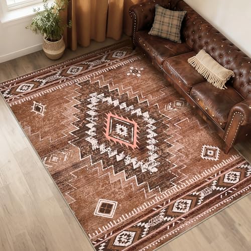 Alishomtll Wohnzimmer Kurzflor Teppich, Anti-Rutsch Weich Waschbar Küchenteppich, Vintage Geometrische Muster Teppich Läufer für Schlafzimmer Kinderzimmer Küche Eingang Braun 140x200 cm