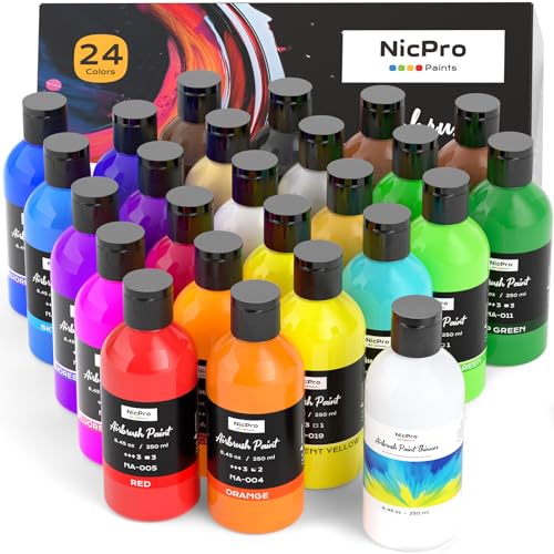 Nicpro 24 Colors Airbrush Paint (8.45 oz, 250 ml) with 1 Thinner, Large Bulk Ready to Spray Airbrush Paint Set, Opaque Water-Based Acrylic Air brush Paints for Model, Metal, Plastic, Wood, Canvas