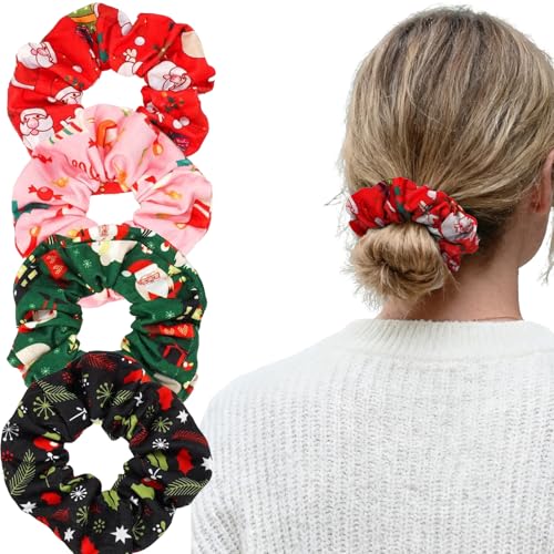 Christmas Hair Scrunchies for Women Girls Green Pink Santa Claus Snowman Bell Snowflake Hair Ties Xmas Cute Elastic Scrunchy Ponytail Holder Hair Accessories Christams Gifts