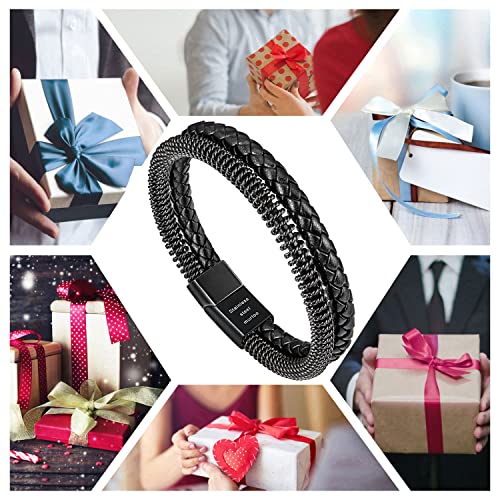Murtoo Steel And Leather Bracelets For Men, Braided Grey, Brown And Black Men’s Leather Bracelet Gift For Him (Black, 7.5 Inch) #TOP5