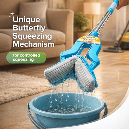 Image of ARICO PVA Sponge Mop for Floor Cleaning with 110 cm Adjustable Telescopic Stainless Steel Handle, Self-Wringing Squeeze Mop, Super Absorbent Mop for Kitchen, Bathroom & Home (ARM 111)