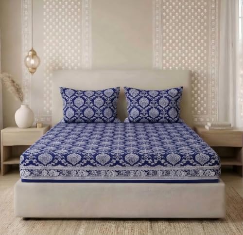 Image of BSB HOME 240 TC Cotton Fitted Double Bedsheet with 2 Pillow Covers, Soft Breathable & Skin Friendly, Jaipuri Printed, Elastic Fitted Bedsheet (72 x 78 + 8 Inches) (Sanganeri Print - Blue)