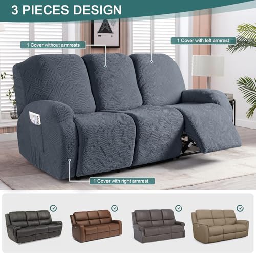 Image of Ruaozz Recliner Sofa Covers Recliner Chair Covers Couch Covers for Reclining Couches with Pockets Washable Furniture Protector with Elastic Bottom (3 Seater, Grey)