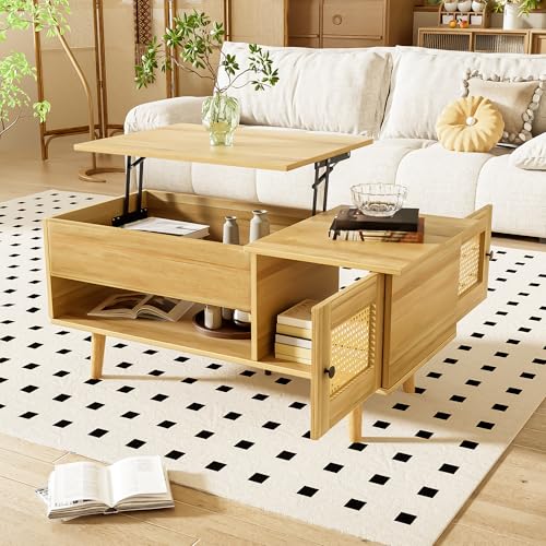 OKMYHOME Table Basse - Table de Salon avec Plateau Relevable et Tiroirs, Rangement Caché, Portes en Rotin, Style Scandinave, Panneau de Particules Bois,...