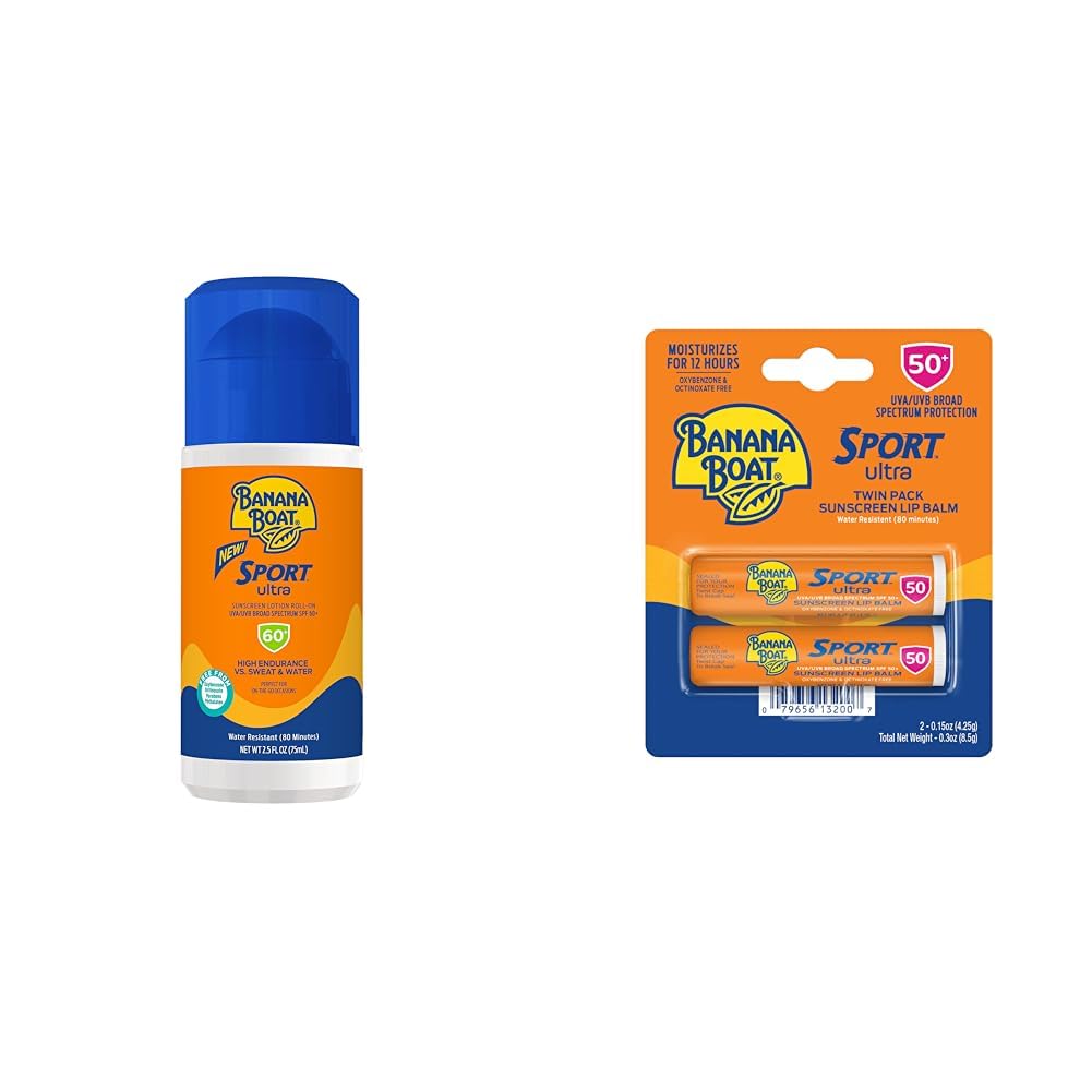 Banana Boat Sport Ultra Sunscreen Roll On SPF 60 & Lip Balm SPF 50 Twin Pack | Sunscreen Roller & Lip Balm Bundle, Travel Size