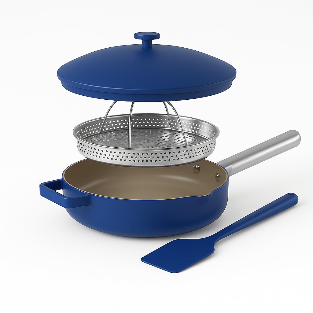 10.5” Ceramic Nonstick Pan with Lid, Steamer & Spatula | PTFE & PFOA Free | Oven Safe, Induction Compatible | 10-in-1 Multi-Function Cookware for Saute, Frying, Searing, Steaming & Baking