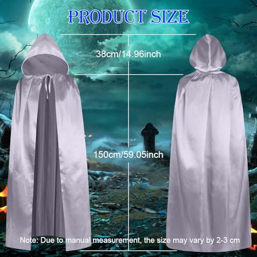 Aomig Schwarzer Umhang Vampir Umhang Jedi Mantel Mittelalter Umhang mit Kapuze für Erwachsene Unisex Scream Kinder Cape Kostüm Halloween Costume Maskerade Familienfeier Karneval Cosplay (Silber-150cm)