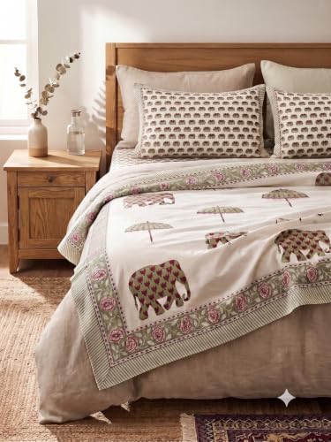 Image of Premium Bedsheet with 2 Pillow Covers I Hand Block I Pure & Soft Percale Cotton I 300 TC I 90x108 inches (King Size Double Bed Luxury Bedcover) I Elephant Print I Pink & Green