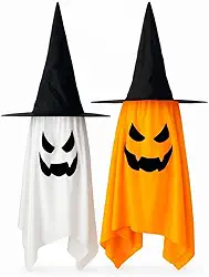 Kit 2 Fantasmas de Halloween com Chapéu de Bruxa e Luzes LED, Branco e Laranja Festa Fantasia Terror Decoração Assustadora e Divertida Dia das Bruxas