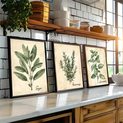 Set de 3 posters de style aquarelle sur herbes - Style vintage ferme - Posters de feuilles pour la décoration de la chambre, de la cuisine et du bureau à...