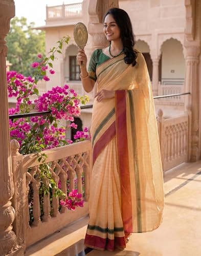 Image of SIRIL Women's Cotton Linen Printed, Zari Border One Minute Ready To Wear Saree With Unstitched Blouse Piece