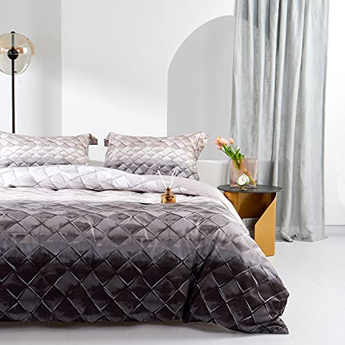 MILDLY 100% Long-Staple Cotton Duvet Cover Set Gray Beige Geometric Pattern Printed Comforter Cover 3pcs, Ultra Soft & Breathable Bedding Set by MILDLY - Used condition - US$55.05