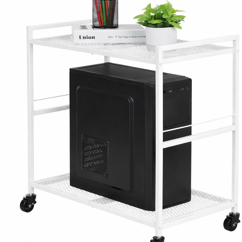 587150 Computer Tower Stand White PC 2 Tier CPU Holder Rack with Wheels Metal Mobile Computer CPU Unit Cart Rolling PC Stand Floorstanding Home Office - White-image-21