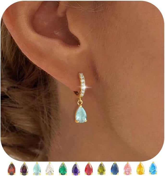 TOBENY Dangle Earrings for Women Trendy 14K Gold Plated Hypoallergenic Drop Hoop Earrings Dainty Diamond Green Emerald Birthstone Huggie Earrings for Birthday Gifts