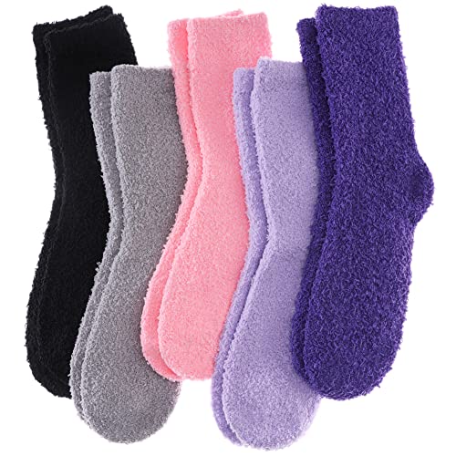 LINEMIN Womens Fuzzy Socks Cozy Fluffy Winter Warm Slipper Socks Microfiber Soft Home Sleeping Socks (5 Pack Soild Color G)