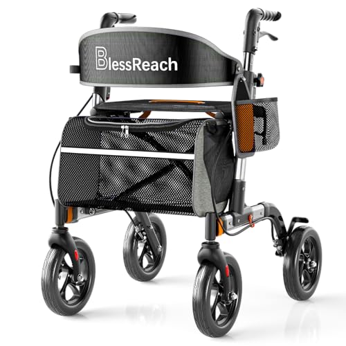 Rollator Walkers for Seniors with Seat, Lightweight Aluminum Frame Walkers wiht Seat, 350 lbs Weight Capacity, 8' All-Terrain Wheels, 6-Level Adjustable Height, Silver