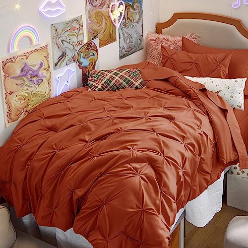 Image of Bedsure Twin Comforter Sets Burnt Orange - Bed in a Bag Twin Size Bedding 5 Pieces, GentleSoft Pintuck Bed Set Gift for Family, All Season Down Alternative Comforter with Sheets, Pillowcase & Sham