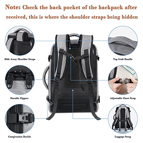 MATEIN 40L Travel Backpack for Men and Women - Flight Approved, Expandable, Water Resistant with Toiletry Bag, Grey