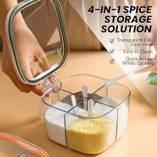Image of Silicone, Plastic 4 in 1 Seasoning Box with Lid and Spoons, Masala Rangoli Dabba Box Set, 4 Compartments Spice Jar Sealed Condiment Container for Home Kitchen, Pack Of 1, Green