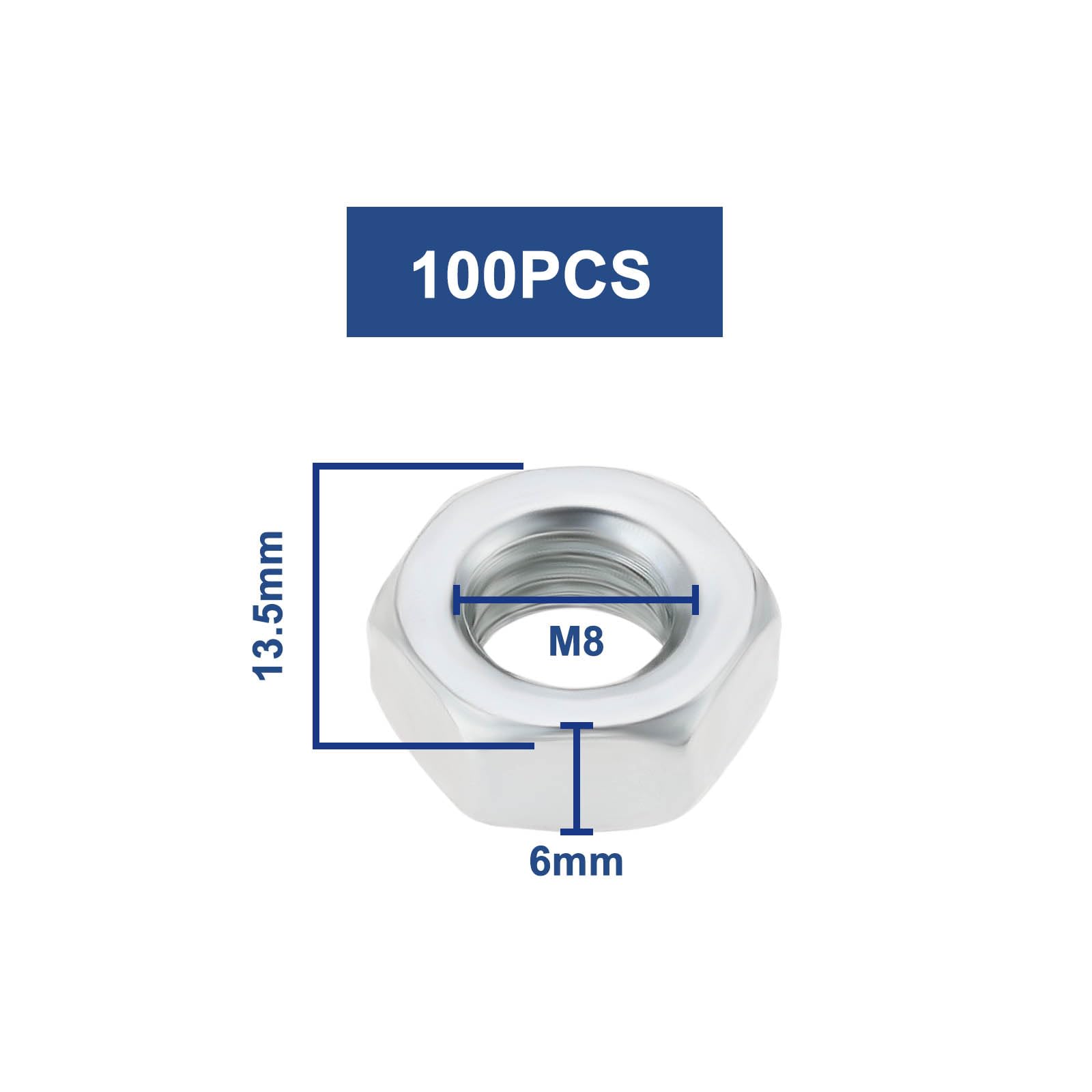 SG Store 100x Dadi Esagonali In Ferro Bianco Zinco M8 Dadi Esagonali DIN 934 M8 Zincati Con Chiave Misura 13,5 Per Riparazioni Domestiche Aste Filettate E Macchine Utensili Frenafiletti