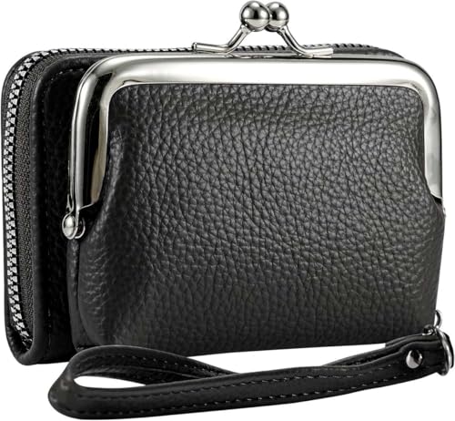 Carteira feminina 2 em 1 com bloqueio para moedas com zíper - Couro vegano dobrável compacto com fecho seguro (vermelho), Preto