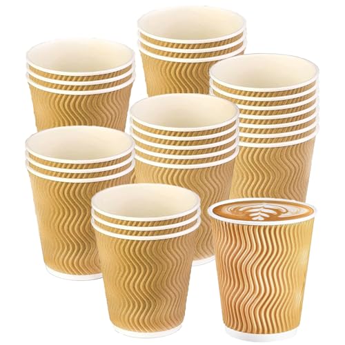 Bemoseng 25 tazas de café de papel kraft, 360 ml, vasos estriados de 3 capas, aislados de pared ondulada, tazas de café para llevar, para café, té y otras bebidas calientes y frías