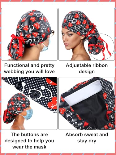 Image of 6 Pc Satin Lined Scrub Caps Women with Buttons Ponytail