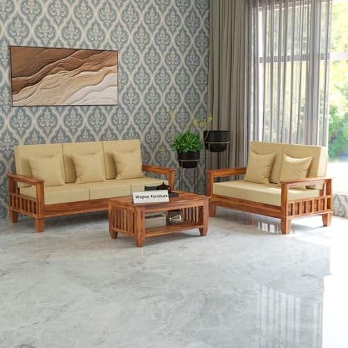 Image of Sheesham Wooden 5 Seater Sofa Set for Living Room | Rosewood Cushion Sofa with Side Newspaper Holder for Home & Office | Solid Wood Sofa Set for Lounge (Honey, 3+2 Seater)