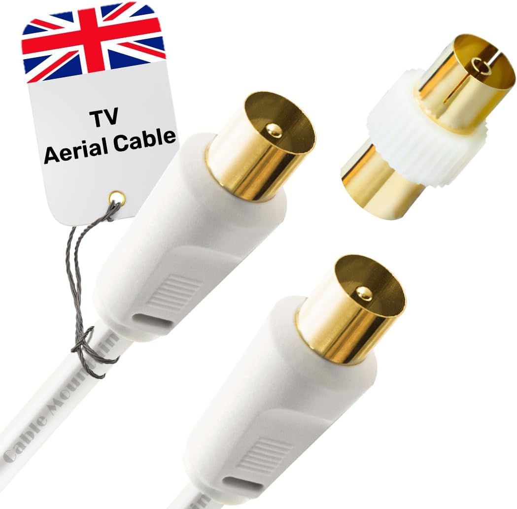 Coaxial TV Aerial Cable 3m - Male To Male Gold Plated RF Tv Cable with Adapter - Antenna AV Lead for Freeview, Freesat, Tv Antenna Extension - White Straight Connection