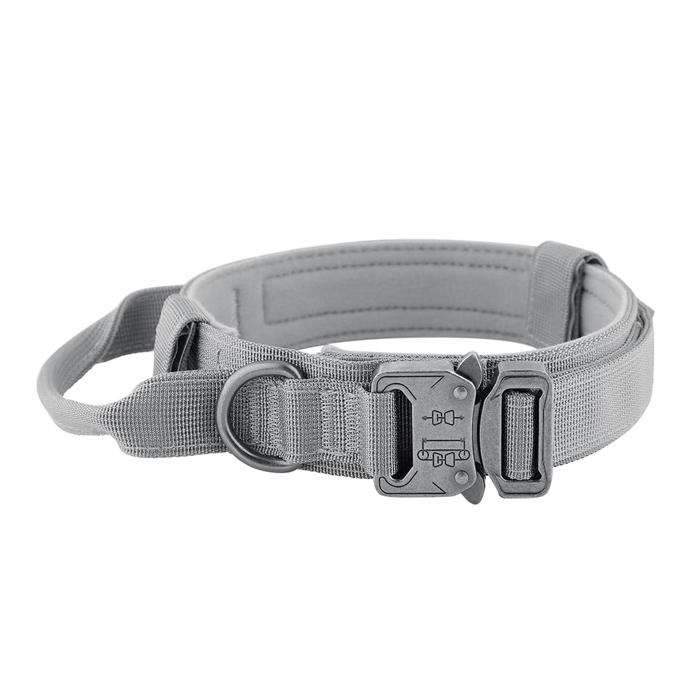 PLUTUS PETTactical Dog Collar, Soft Padded, Adjustable with Heavy Duty Metal Buckle, Military Dog Collar with Control Handle for Medium Large and Extra Large Dogs (M, Gray)