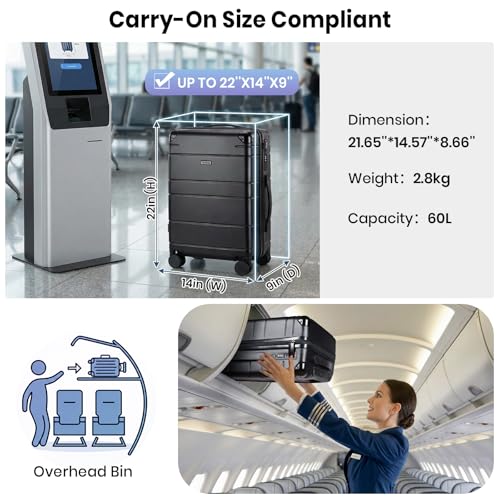 Carry on Luggage with Vacuum Compression and Pump, PC Black Hardshell Suitcase with Spinner Wheels, TSA Lock & USB Charging Port image 3