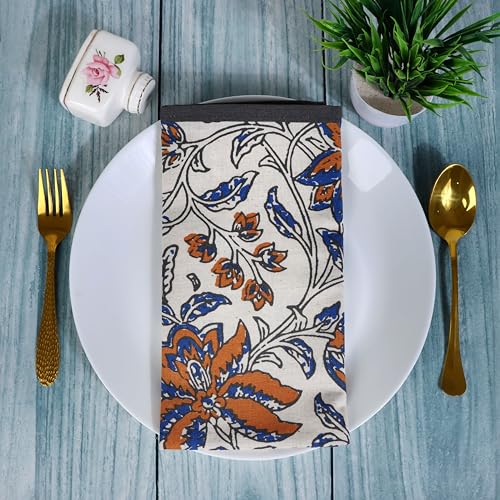Image of FINGERCRAFT Printed Table Napkins Cotton Linen Blend Dinner Cloth Napkins Perfect for Parties Dinners Weddings Cocktail Christmas Napkins 20x20 Inches (Summer Block Ochre Flower)