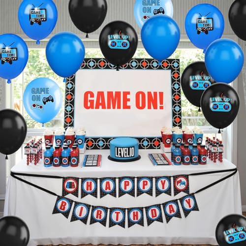 Image of Video Game Party Balloons,30Pcs 12inch Blue Black Confetti Game Theme Printed Balloons Decorations for Game Party Supplies Teens Player Birthday Party Decorations