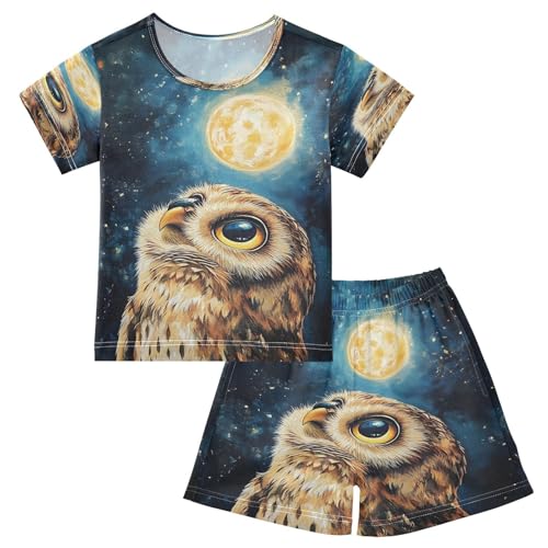ALAZA Owl Moon Night Watercolor Pajamas Set Short Sleeve Cotton Sleepwear Summer Pjs 2 Piece 5-14Y
