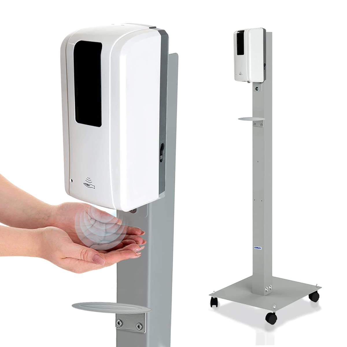 KRIEG Desinfektionsmittelständer mit Sensor + Auffangschale I Silber I Kontaktlos Hygienestation 1000 ml - 333 Sprühstöße I Desinfektionsstation freistehend, höhenverstellbar, touchless I Ready to go