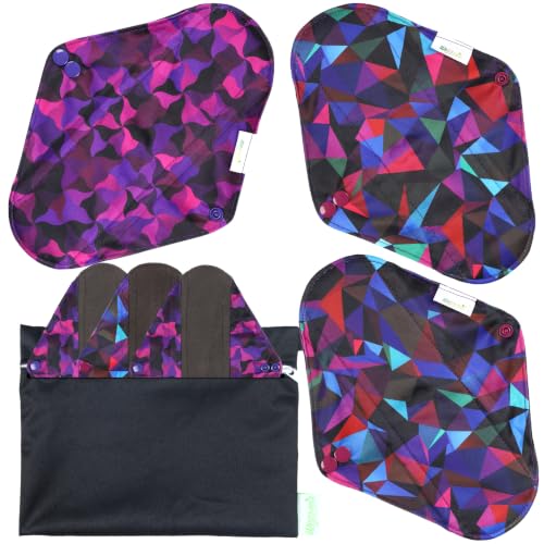 Image of wegreeco Charcoal Reusable Menstrual Pads - Reusable Sanitary Pads | Reusable Panty Liners | Soft Cloth Menstrual - 6 Pack with 1 Cloth Mini Wet Bag (Abstract Geometrical Purple, Medium)