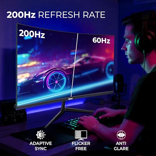 Image of Foxin Phantom 27 inch (68.58 cm) 1800R Curved Gaming Monitor, FHD 1920x1080p, 200Hz, 1ms, Adaptive Sync | HDMI, VGA & Type-C Ports | RGB Backlight, Built-in Speakers | Wall Mountable | Black