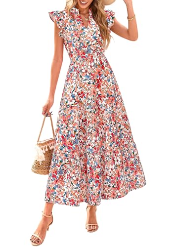 PRETTYGARDEN Women's 2025 Summer Floral Midi Dress Cap Sleeve V Neck Ruffle Long Flowy Boho Casual Beach Vacation Dresses