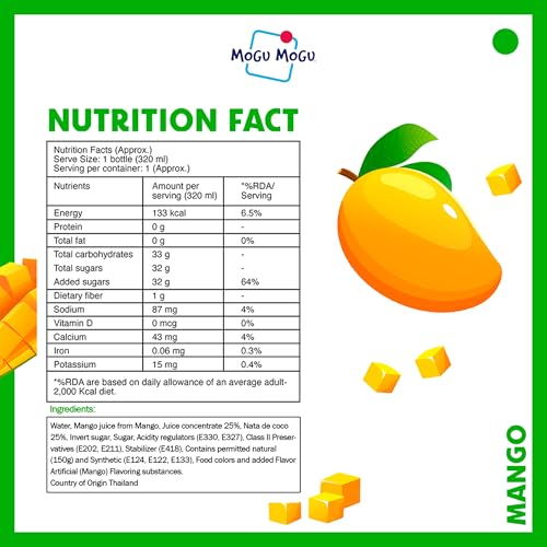 Image of Mogu Mogu Mango Juice with Nata de Coco Jelly 320ml (Pack of 6), Refreshing Tropical Thai-Made Sip & Chew Beverage