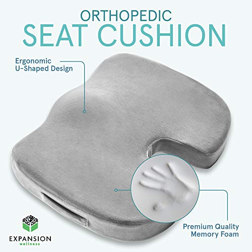 2 Pack Comfort Seat Cushion – Memory Foam Tailbone Pillow Pad for Sitting, Office, Computer Desk Chair, Car, Travel – Contoured Posture Corrector for Sciatica, CoccyxBack Pain Relief (Black and Grey)