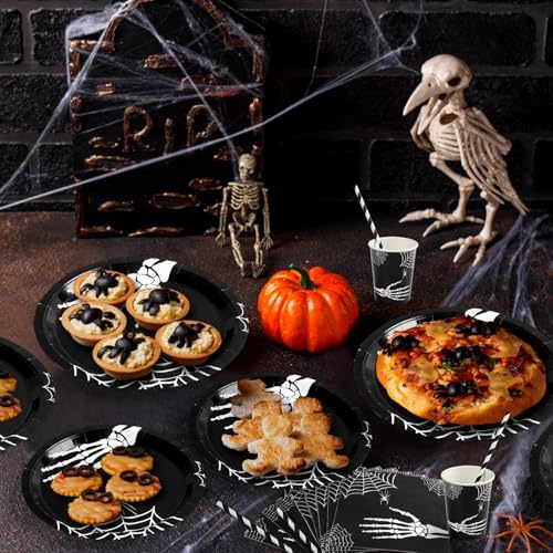 GarveeHome 215 Pcs Halloween Plates and Napkins Set Serve 25, Halloween Hand Bone Disposable Tableware Set, Decorations Includes Plates, Cups, Napkins, Tableware
