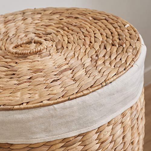 Image of Round Handwoven Laundry Basket with Lid, 15 x 15 x 20 in - Water Hyacinth Wicker Hamper for Bedroom, Nursery & Laundry Room