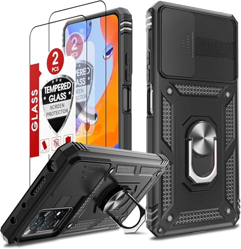 LeYi Funda para Xiaomi Redmi Note 12 Pro 4G/ Note 11 Pro 5G&4G con 2 Piezas Vidrio Templado, Armor Carcasa Cubierta de cámara Deslizante Proteger con 360 Anillo Soporte PC y TPU Case,Negro