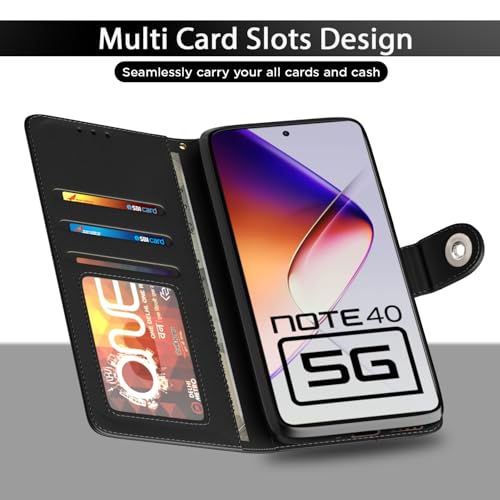 Image of Pikkme Flip Cover for Infinix Note 40 5G Leather Finish | Inside TPU with Card Pockets | Wallet Stand and Shock Proof | Complete Protection Button Flip Case(Black)